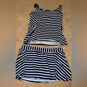 Two piece navy and white tankini with skirt. FREE SHIPPING